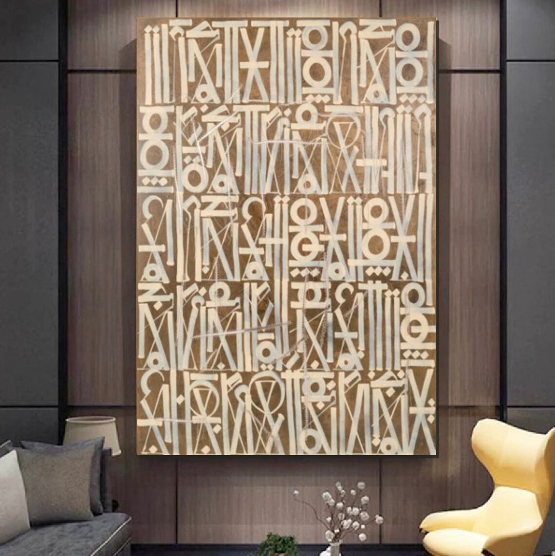 Beige and Gold Retna Graffiti Oil Painting