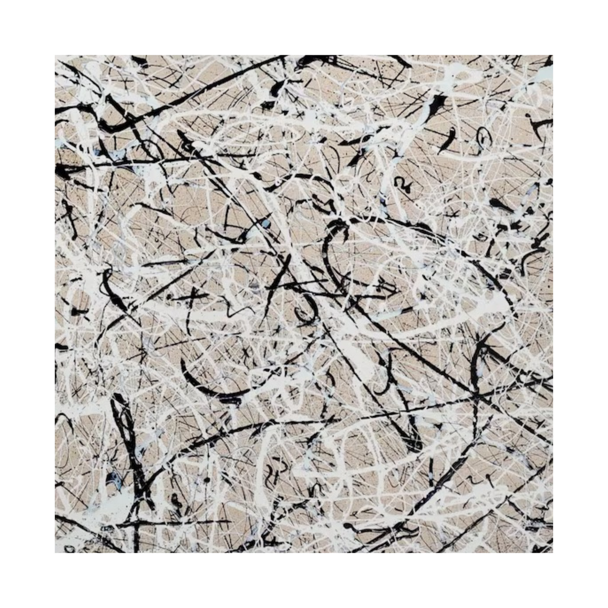 Square crop showing black and white drips criss-crossing a pale beige ground.