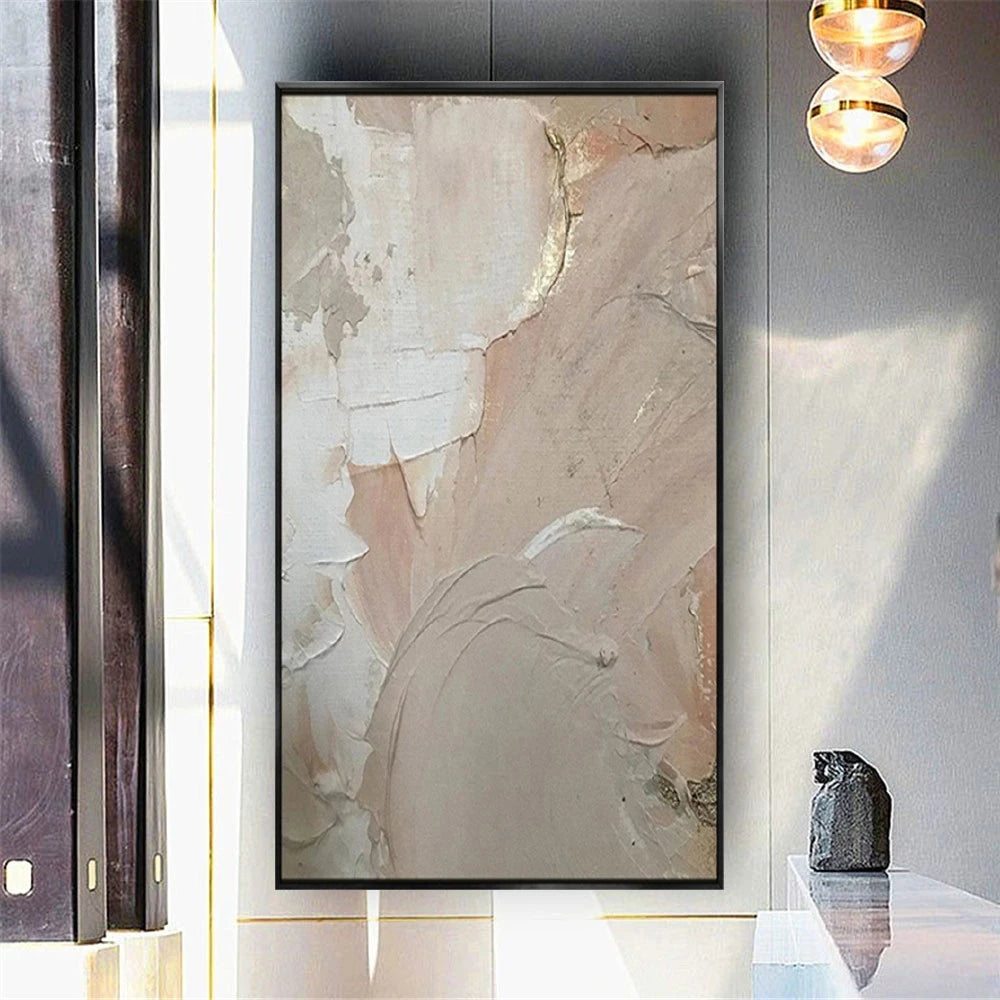 Room mockup showing beige, blush and white abstract painting with broad textured curved forms and fine gold-coloured lines.