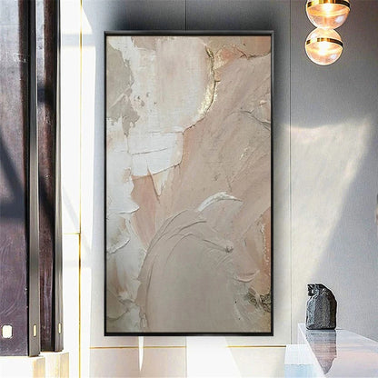 Room mockup showing beige, blush and white abstract painting with broad textured curved forms and fine gold-coloured lines.