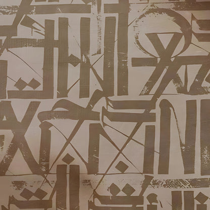 Detail of brown and beige abstract symbols arranged in a rhythmic grid.