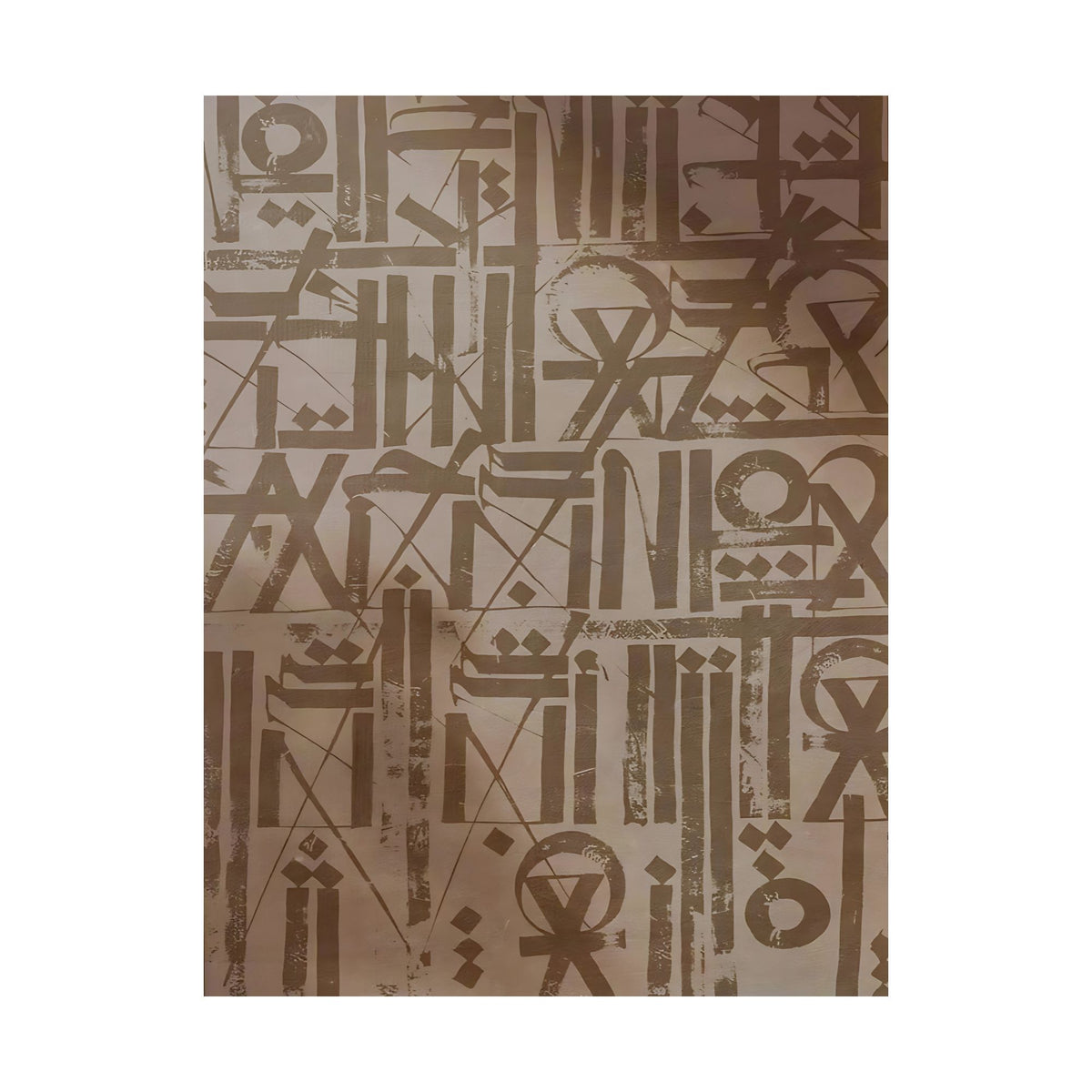 Hand-painted canvas showing brown and beige abstract symbols arranged in a rhythmic grid.