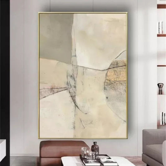 Room mockup showing soft beige and cream fields with fine grey lines, broad translucent curves and muted brown textured areas.