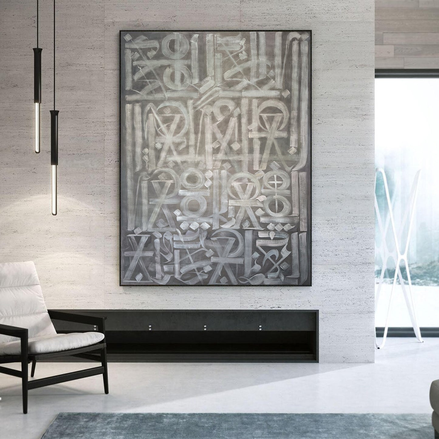 Abstract artwork on a wall in a modern living room