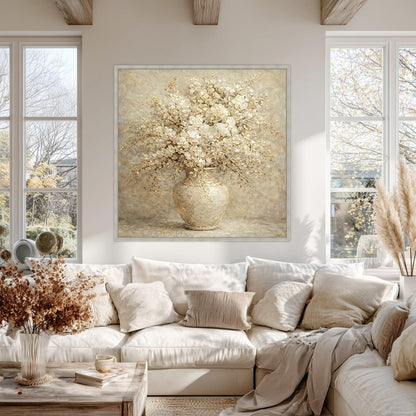 Beige Floral Vase Painting Textured Neutral Luxury Wall Art