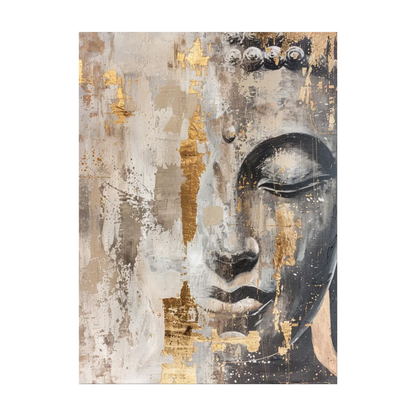 Full view of a textured Buddha half-face portrait in white, beige, charcoal and gold.