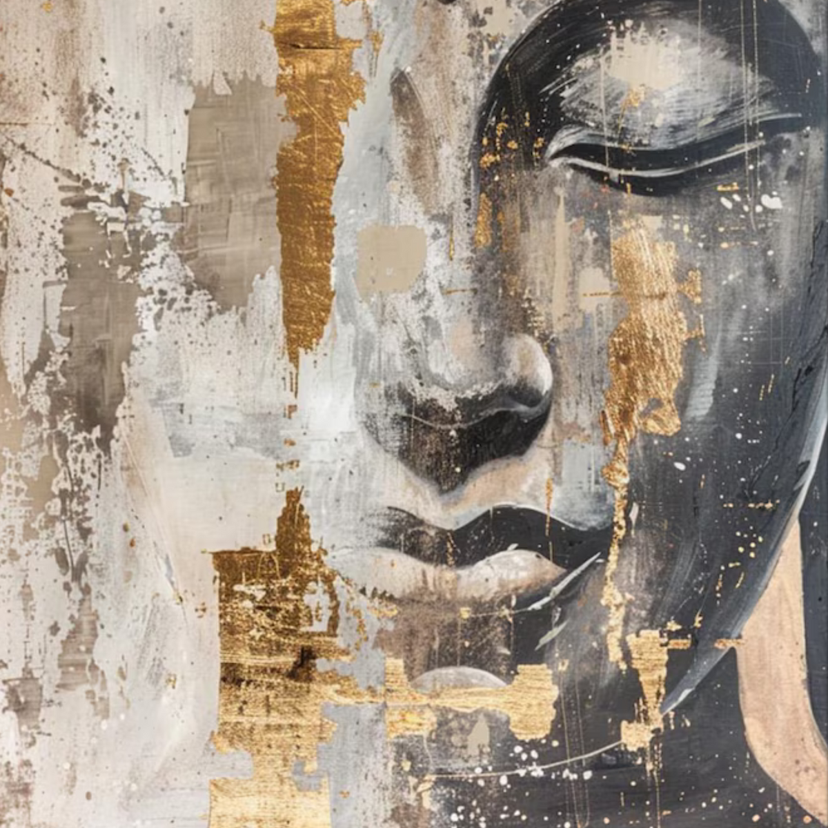 Close-up of a closed eye and gold-toned accents on the Buddha portrait.