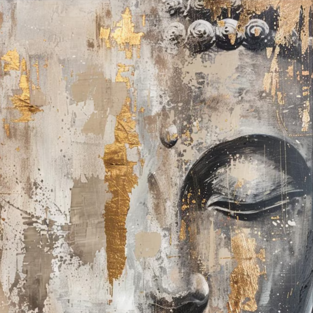 Detail of textured beige, white and gold areas beside the Buddha’s eye.