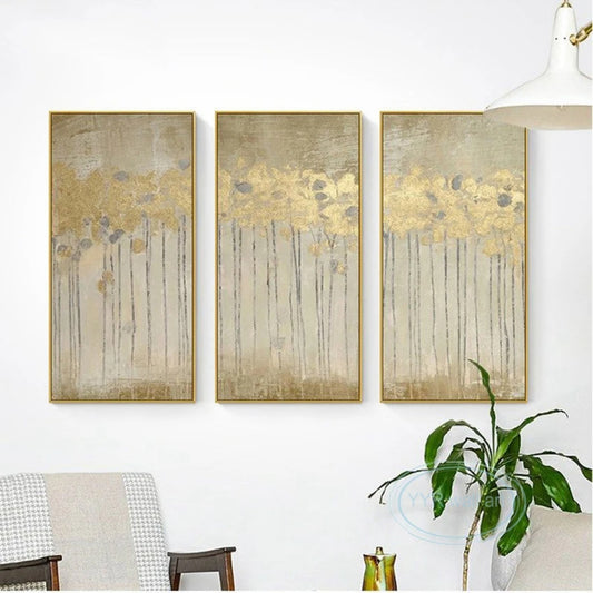 Room mockup showing three beige textured panels with clusters of gold-coloured flower heads on long thin dark stems.