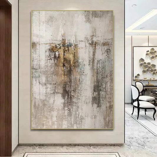 Room mockup. Fine dark vertical scratches and a small ochre central cluster over a pale beige and grey weathered field.