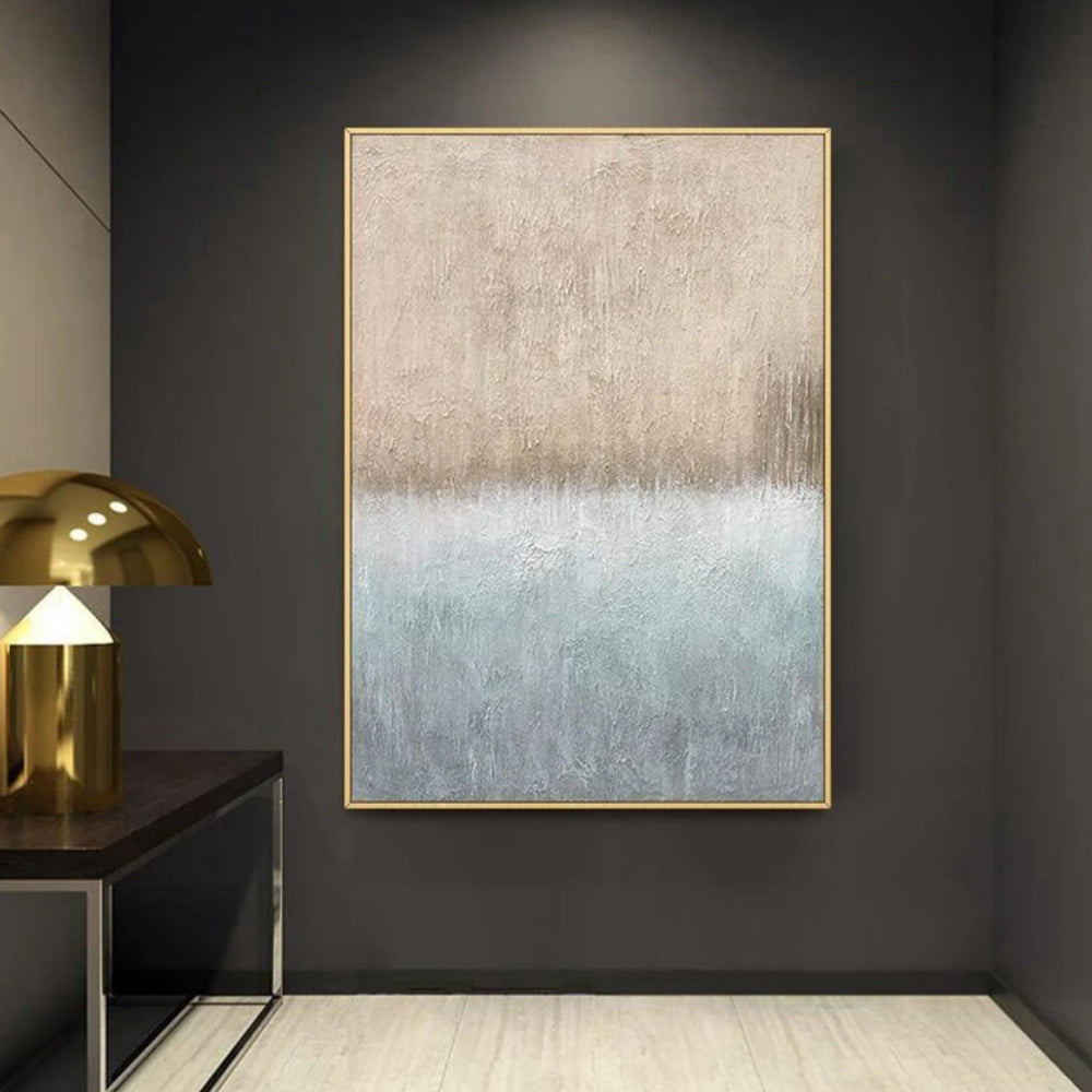 Room mockup showing beige upper field above a broad white transition and a pale blue textured lower field.