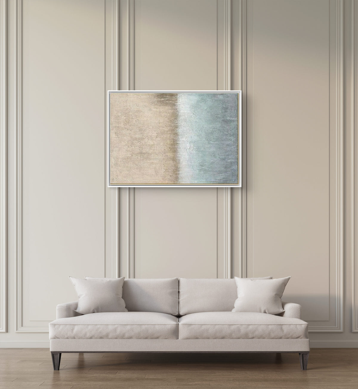 Room mockup showing beige upper field above a broad white transition and a pale blue textured lower field.