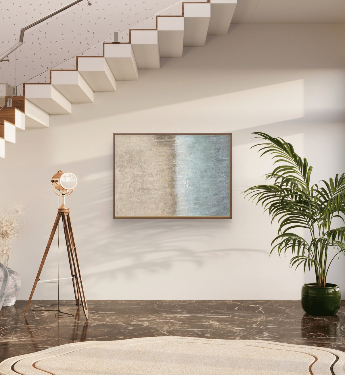 Room mockup showing beige upper field above a broad white transition and a pale blue textured lower field.