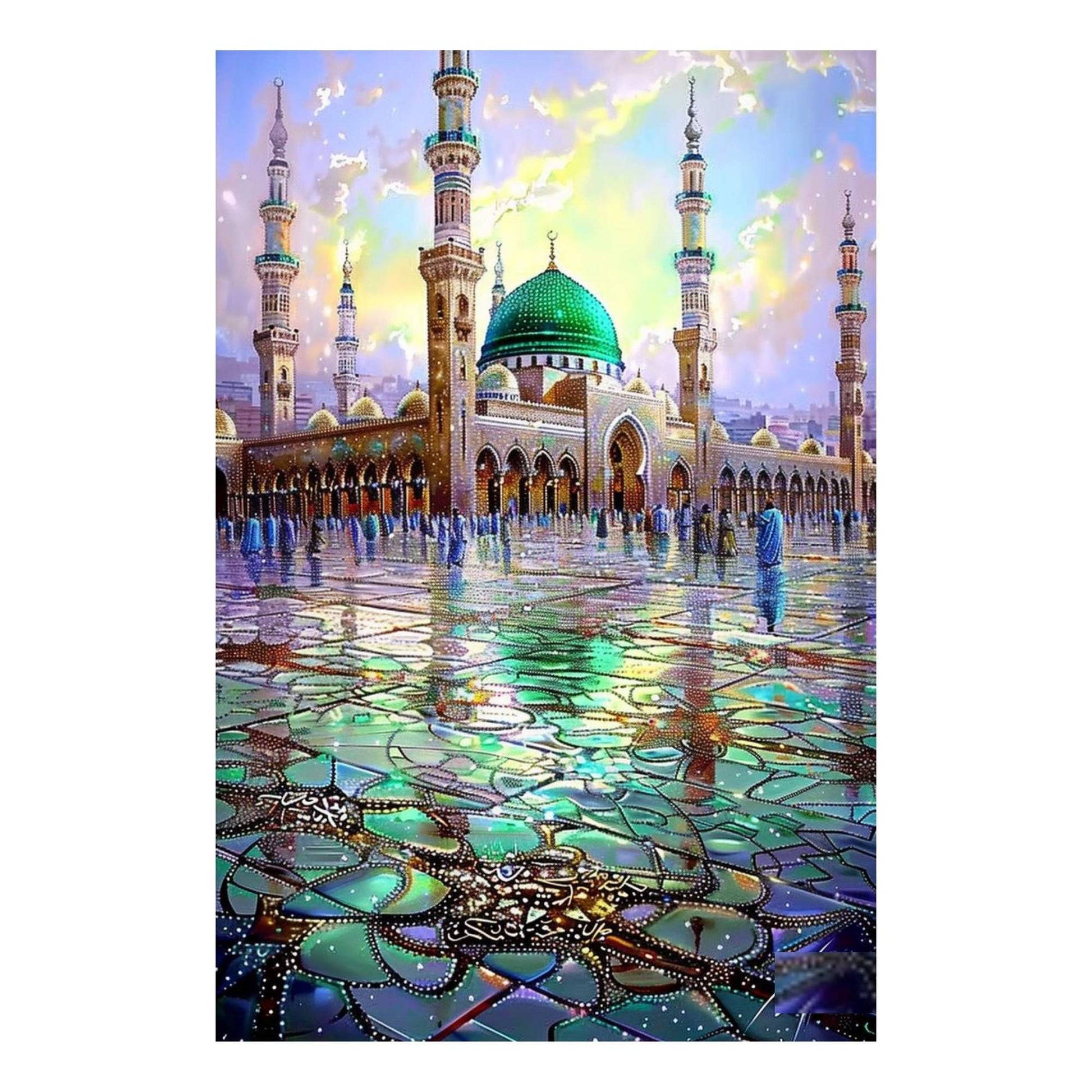 Colorful depiction of a mosque with reflective pavement