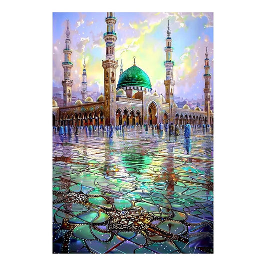 Colorful depiction of a mosque with reflective pavement
