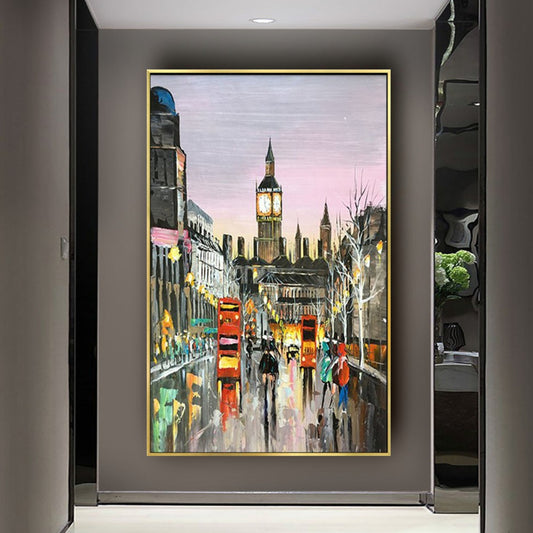 Room mockup. Big Ben and red double-decker buses on a wet London street, with bright shopfronts and a soft pink sky.