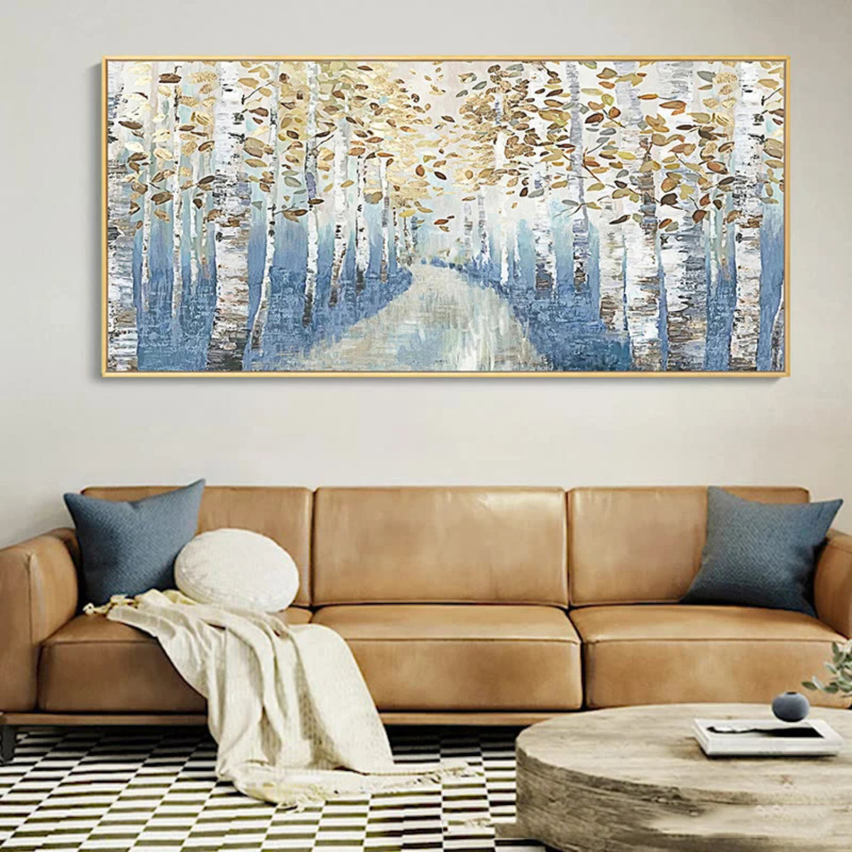 Room mockup showing a pale path recedes between rows of white birch trees beneath gold-coloured leaves over blue-grey ground.