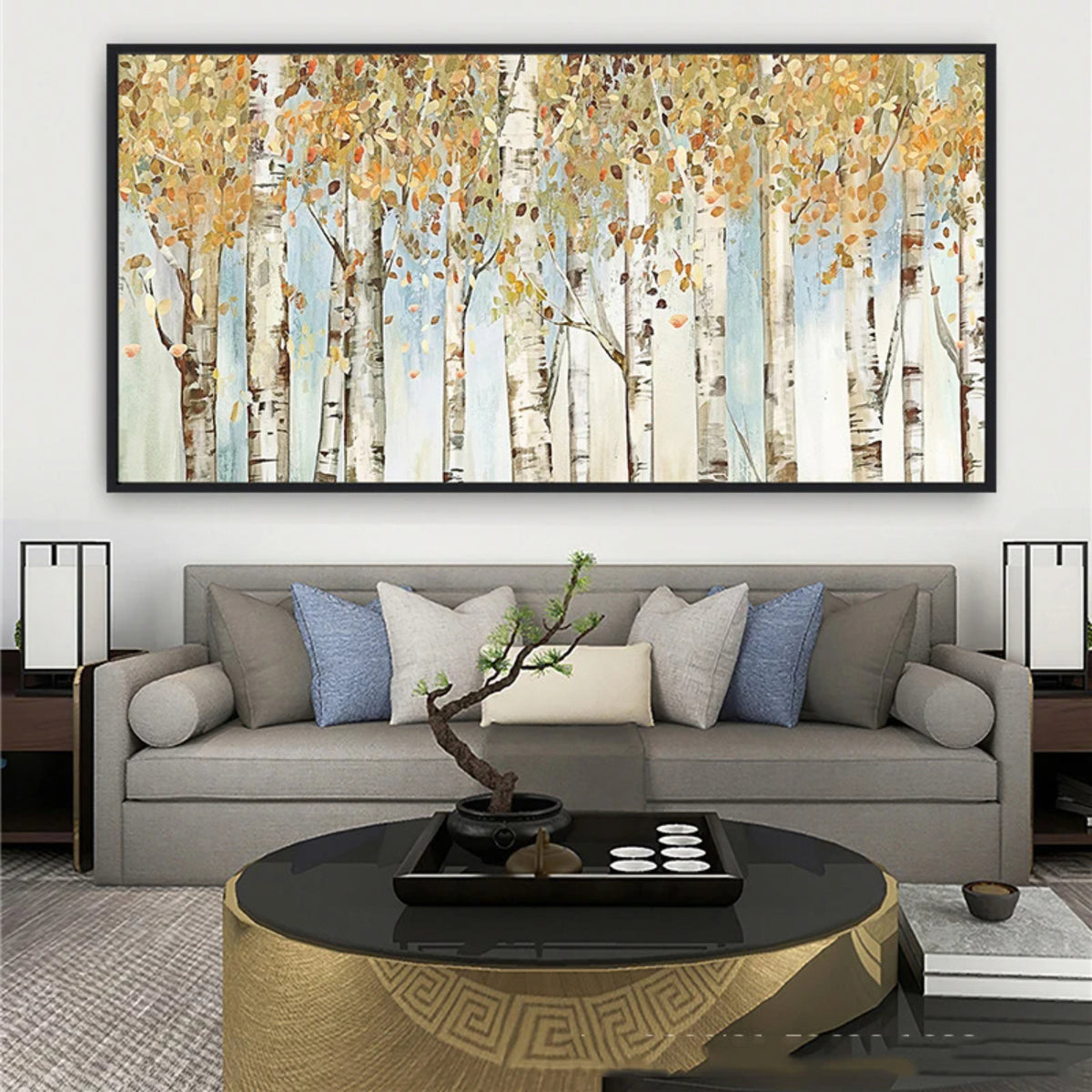 Room mockup showing white birch trunks with dark bark marks beneath dense gold-coloured and cream foliage on pale grey.