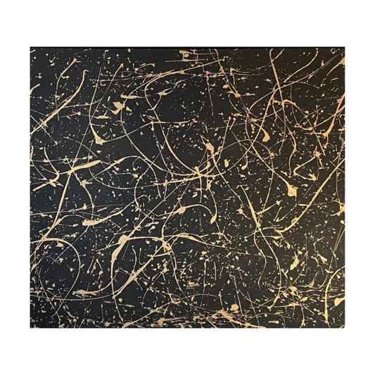 Square crop showing looping gold drips and scattered splashes across a black ground.
