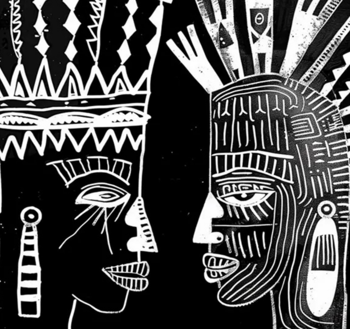 Detail of two facing figures with patterned crowns in white linework on black.