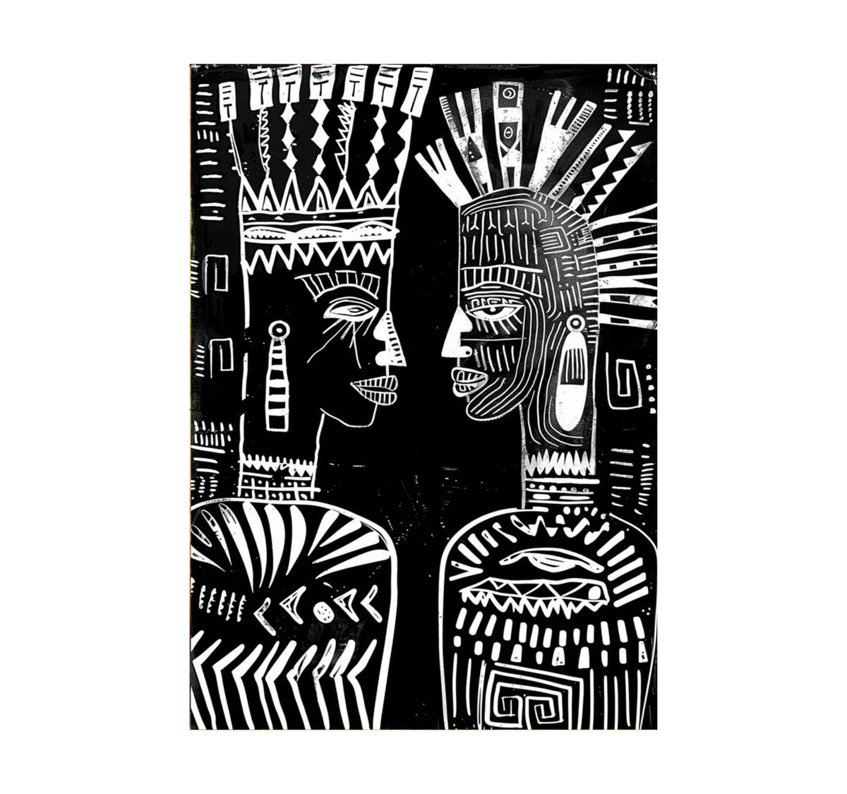 Hand-painted canvas showing two facing figures with patterned crowns and intricate white linework on black.