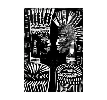 Hand-painted canvas showing two facing figures with patterned crowns and intricate white linework on black.