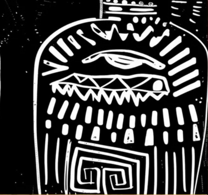 Close-up of white geometric lines, an eye motif and patterned forms on black.