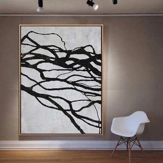 Room mockup. A web of irregular black branching lines flows across a pale textured background, denser near the top.