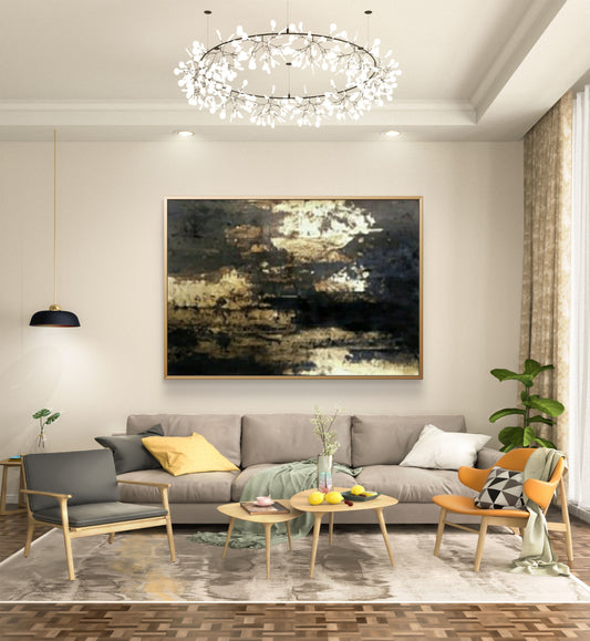 Room mockup showing irregular gold-coloured and cream textured patches against deep black and brown areas.