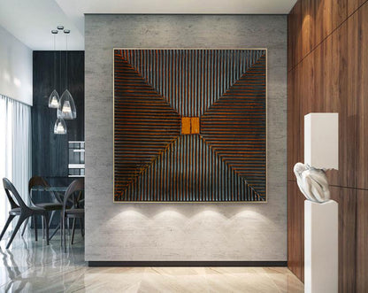 Geometric 3D Wall Art – Textured Black & Copper Square Relief Painting on Canvas