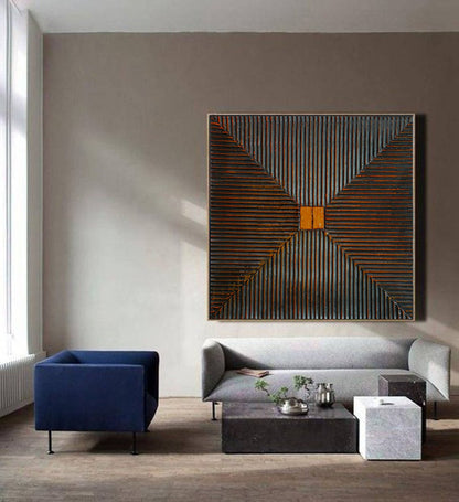 Geometric 3D Wall Art – Textured Black & Copper Square Relief Painting on Canvas