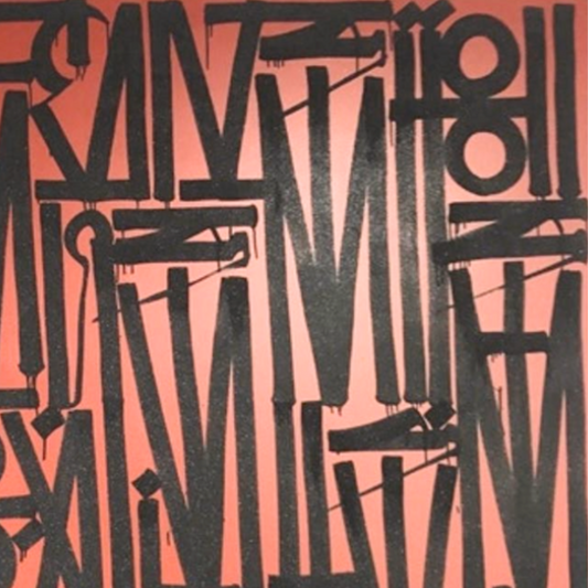 Close-up of black geometric symbols and stylised letterforms over a muted coral background.
