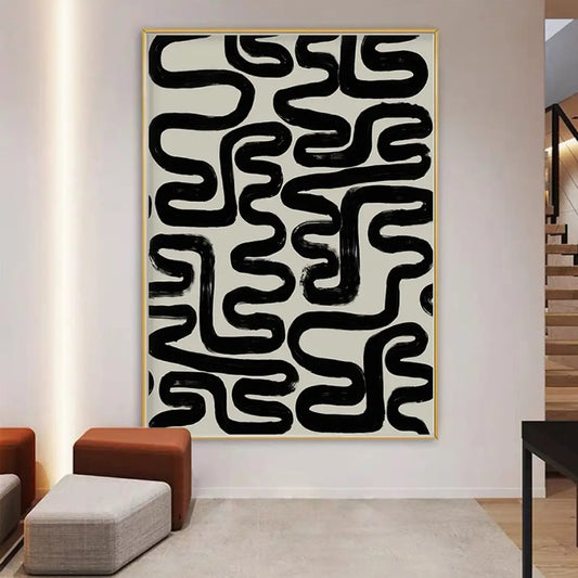 Room mockup showing bold irregular black looping lines covering a cream background in a maze-like abstract pattern.