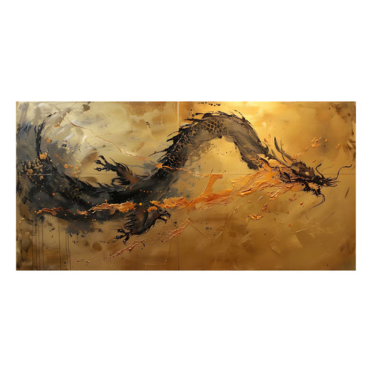 Hand-painted canvas featuring a sweeping black dragon over a textured gold and bronze-toned background.