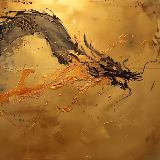 Hand-painted canvas featuring a sweeping black dragon over a textured gold and bronze-toned background.