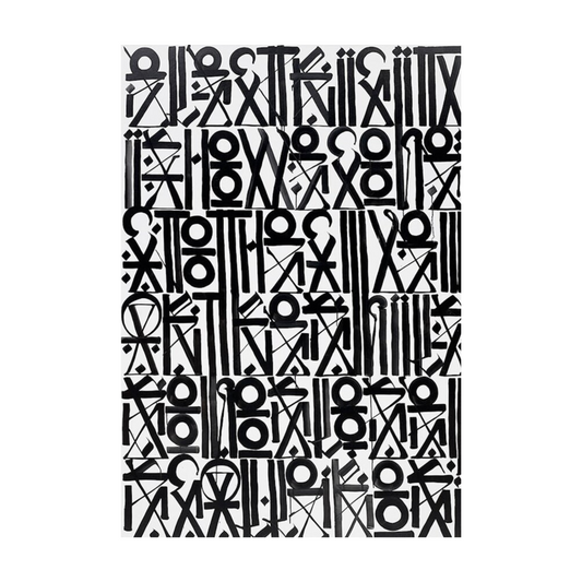 Black circles, triangles and elongated letter-like symbols arranged in dense rows on white.