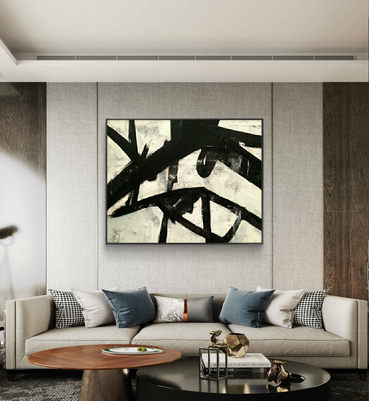 Room mockup. Bold black diagonal and looping strokes overlap a cream background with grey scuffed patches.
