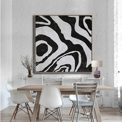 Room mockup. Broad irregular black contour-like bands flowing around pale grey shapes in an abstract composition.