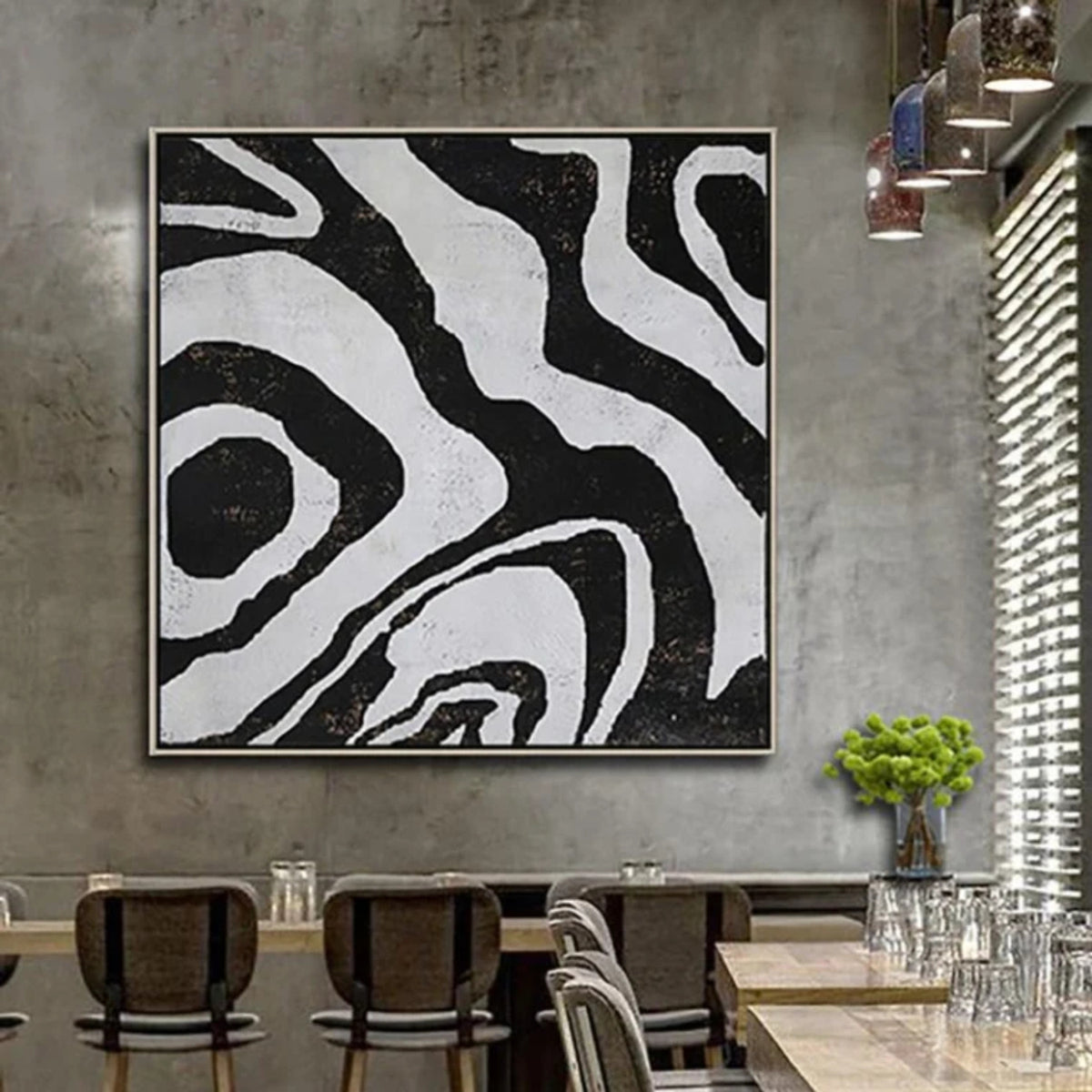 Room mockup. Broad irregular black contour-like bands flowing around pale grey shapes in an abstract composition.