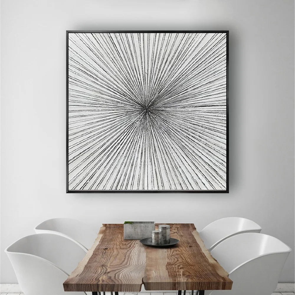 Room mockup showing fine black and grey lines radiating from a central point across a white square field.