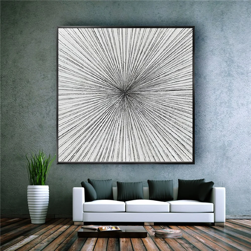 Room mockup showing fine black and grey lines radiating from a central point across a white square field.