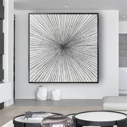 Room mockup showing fine black and grey lines radiating from a central point across a white square field.