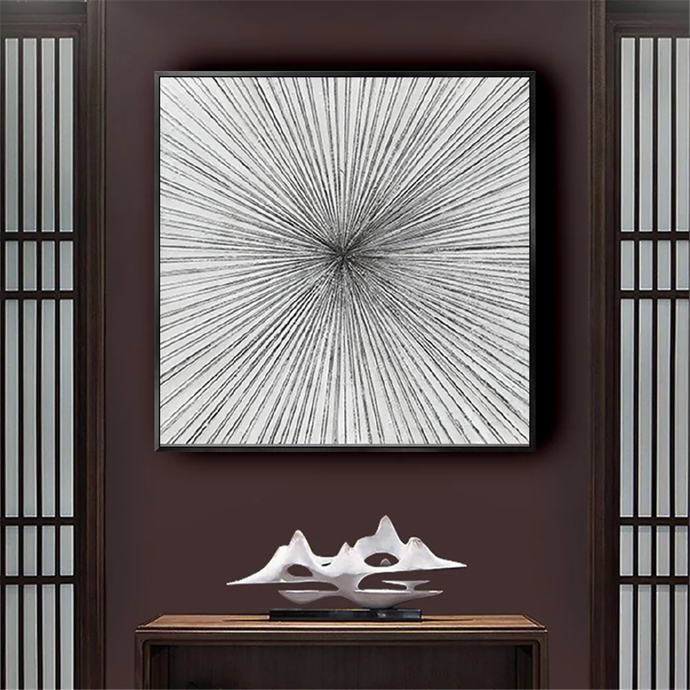 Room mockup showing fine black and grey lines radiating from a central point across a white square field.