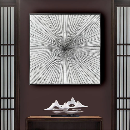 Room mockup showing fine black and grey lines radiating from a central point across a white square field.