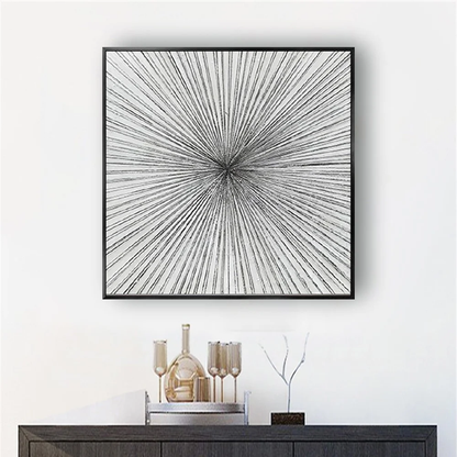 Room mockup showing fine black and grey lines radiating from a central point across a white square field.