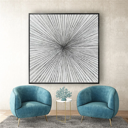 Room mockup showing fine black and grey lines radiating from a central point across a white square field.