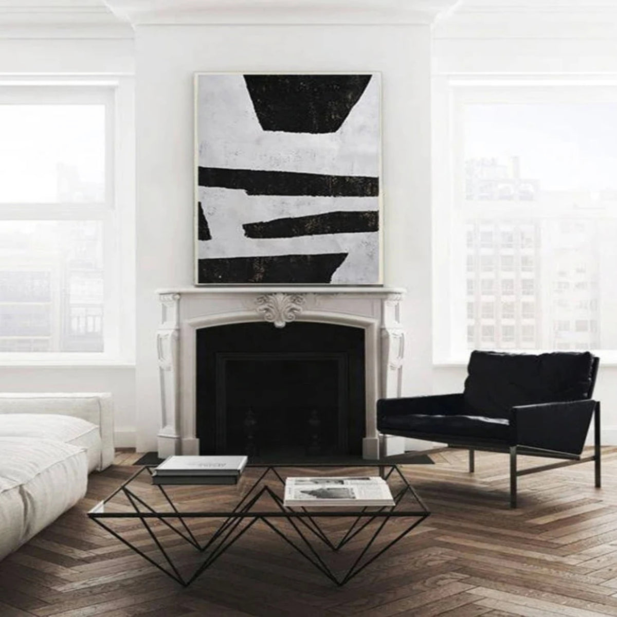 Room mockup. Uneven black horizontal strips and broad trapezoid shapes on a pale grey textured ground.