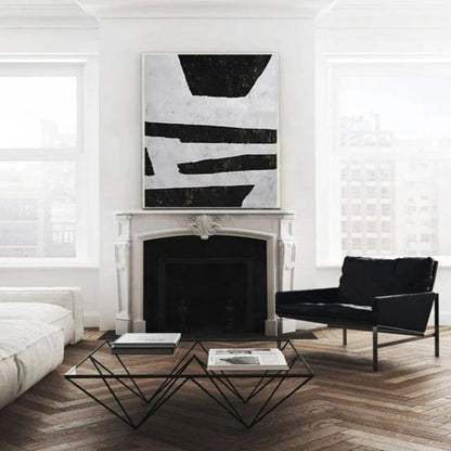 Room mockup. Uneven black horizontal strips and broad trapezoid shapes on a pale grey textured ground.