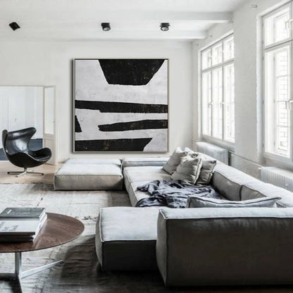 Room mockup. Uneven black horizontal strips and broad trapezoid shapes on a pale grey textured ground.