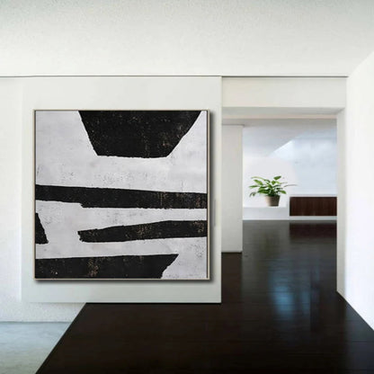 Room mockup. Uneven black horizontal strips and broad trapezoid shapes on a pale grey textured ground.